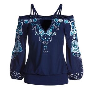 Boston Proper Midnight Blue Floral Embroidered Top